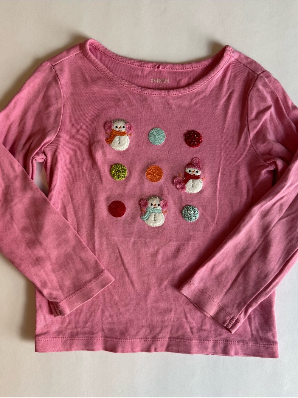 Gymboree Girls Pink Long-Sleeve Snowman Embroidered Top - 4